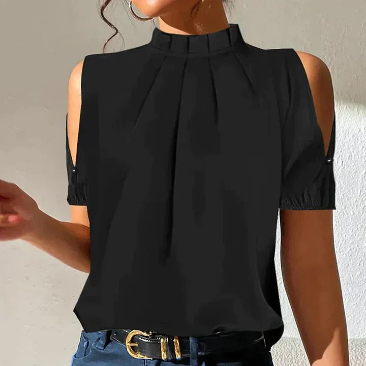 Lisa | Women's Summer Mock Neck Cold Shoulder Blouse with Short Sleeves