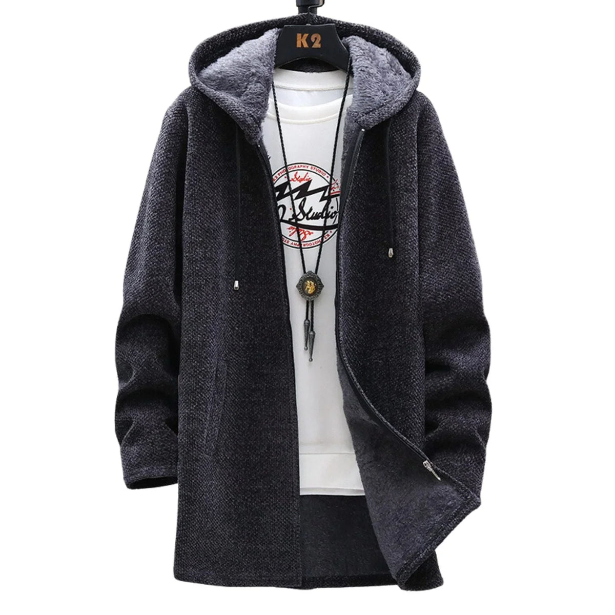 Women's knit zip-up hooded cardigan with sherpa lining