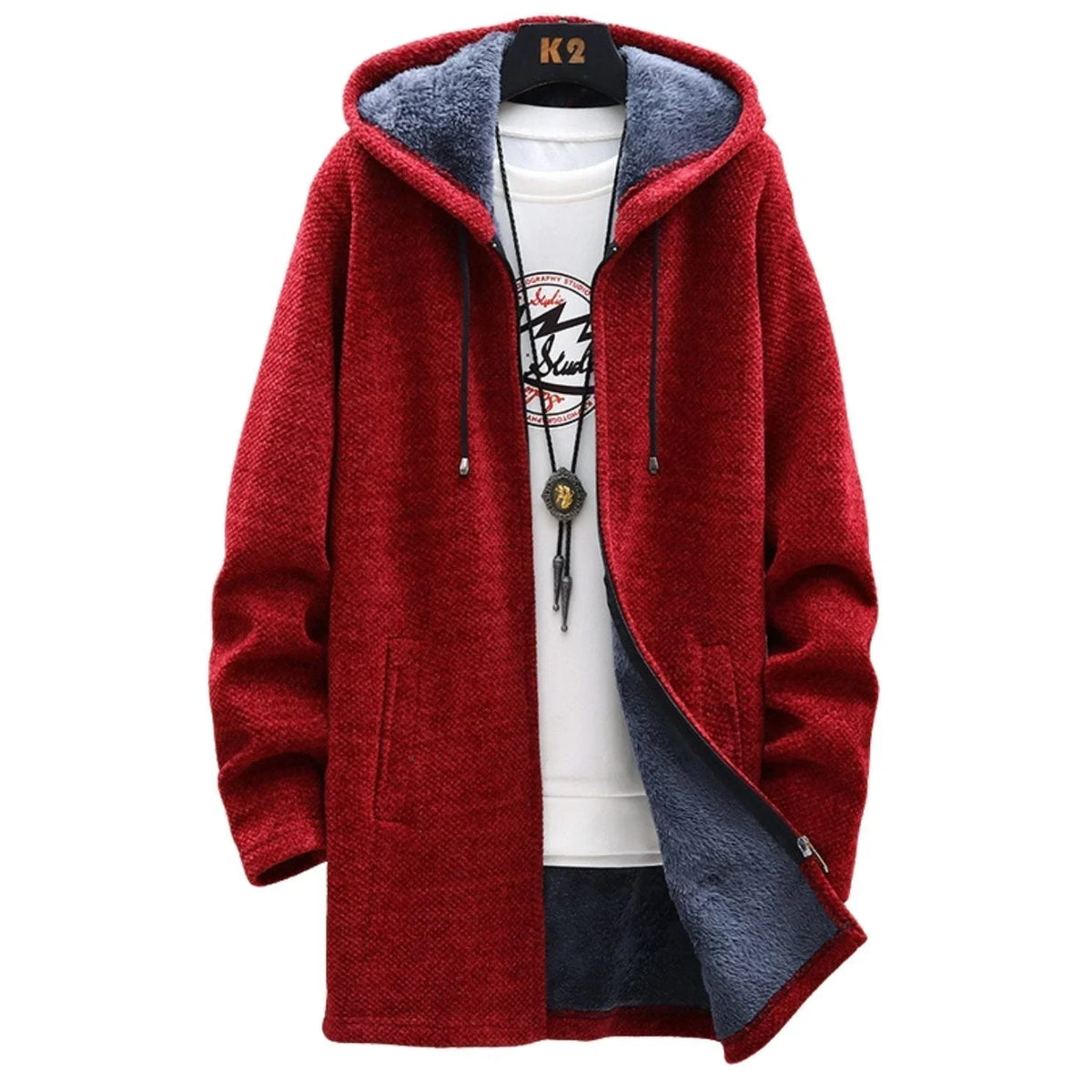 Women's knit zip-up hooded cardigan with sherpa lining