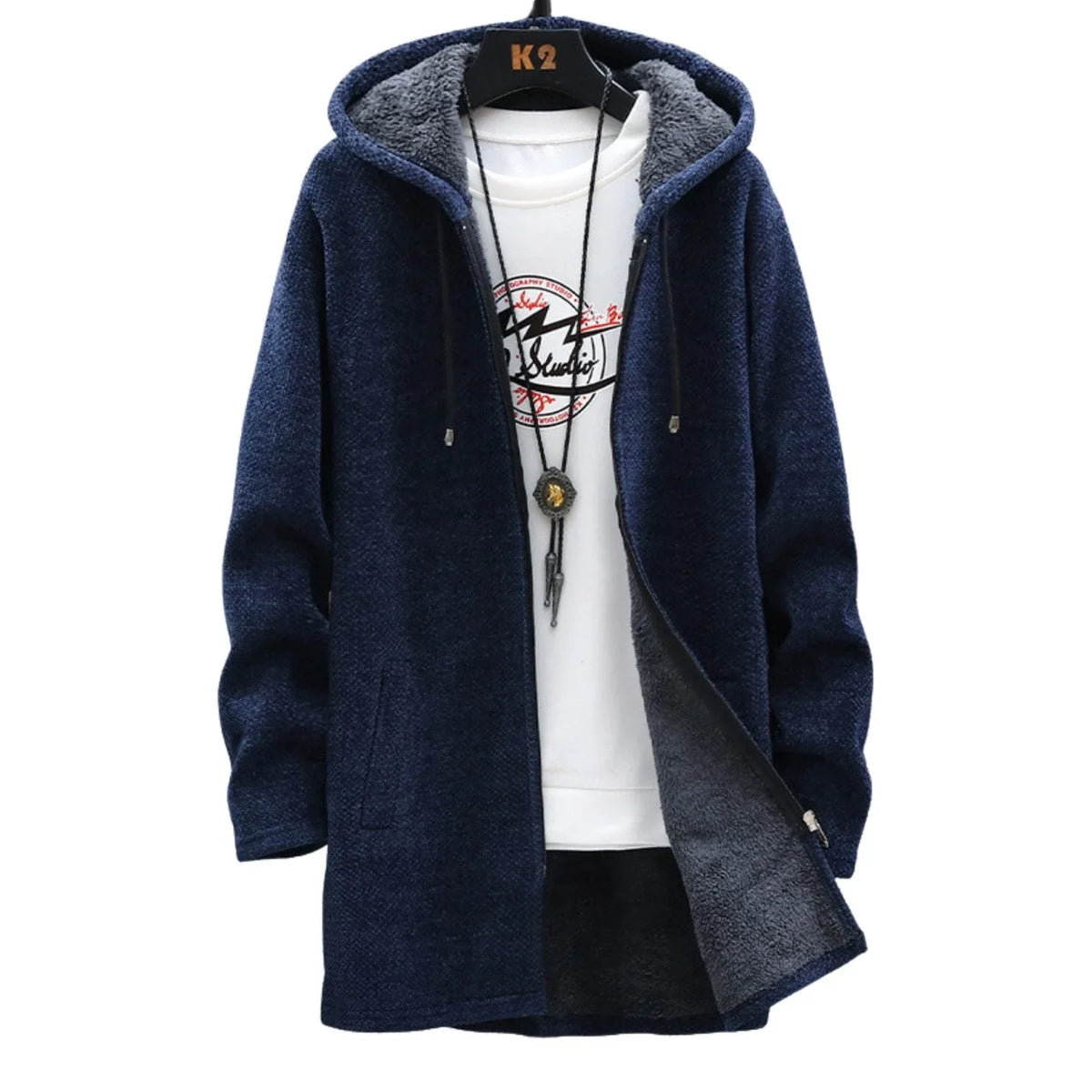 Women's knit zip-up hooded cardigan with sherpa lining