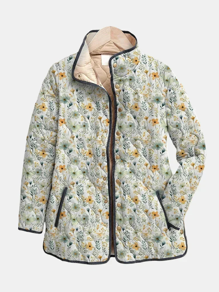Women's Oversized Quilted Jacket with Cream Floral Print | Padded Zip Front Layer with Stand Collar | Size S-3XL