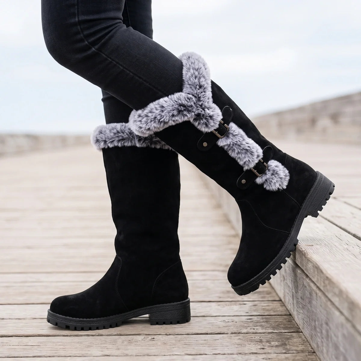 Lorelei Fur Trim Buckle Knee Boots