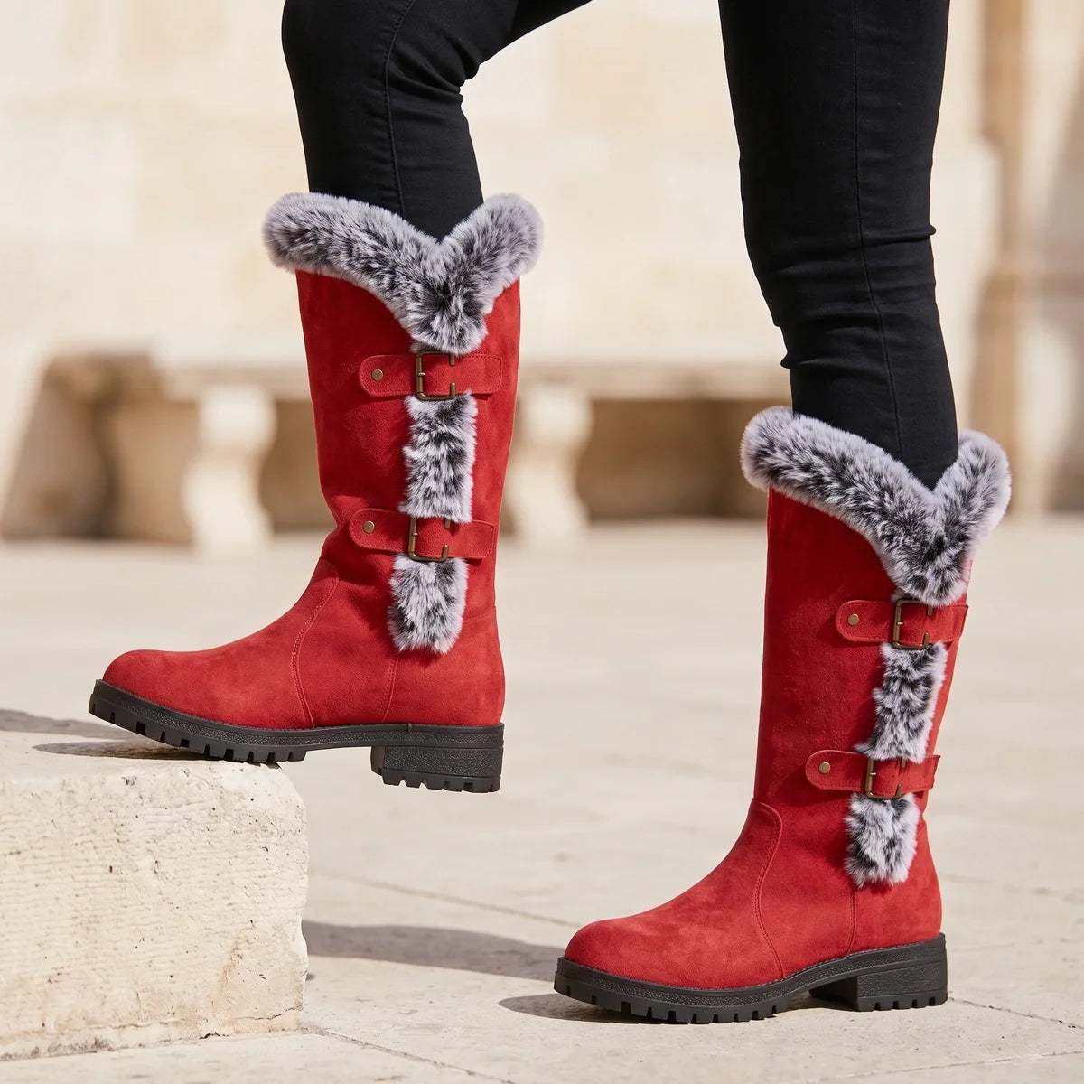 Lorelei Fur Trim Buckle Knee Boots