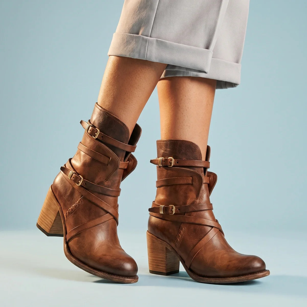 Lorena Distressed Strap Leather Ankle Boots