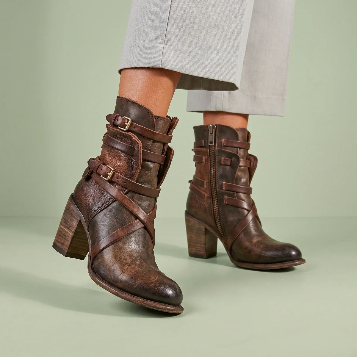 Lorena Distressed Strap Leather Ankle Boots