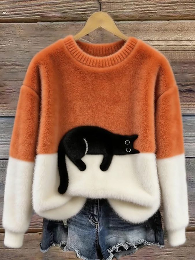 Loretta | Cat Print Casual Pullover Sweater with Crew Neck for Women