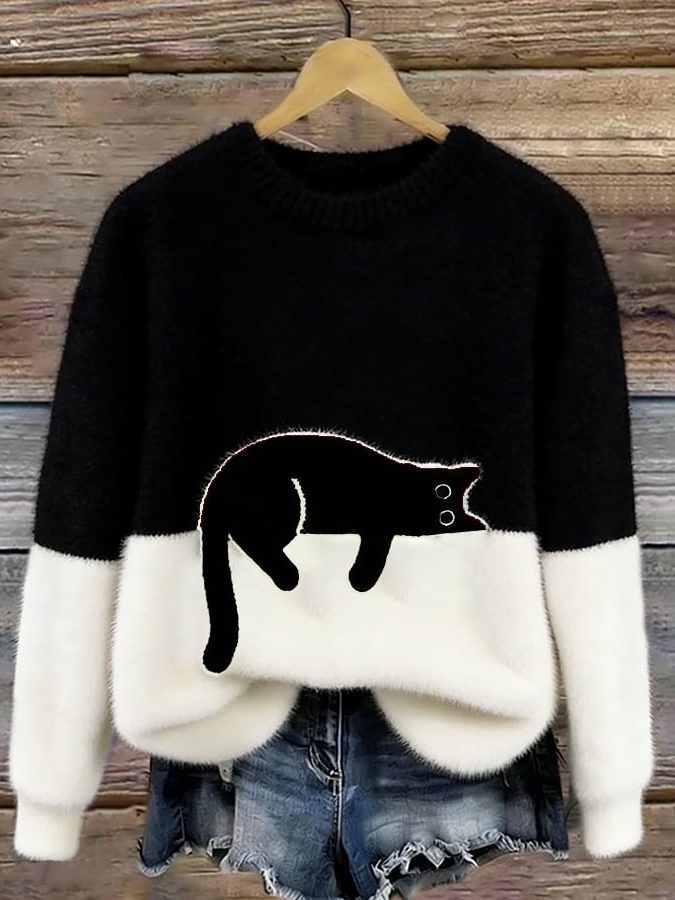 Loretta | Cat Print Casual Pullover Sweater with Crew Neck for Women