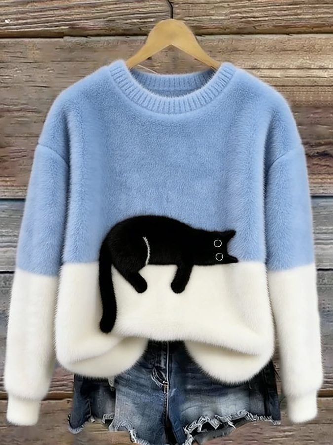 Loretta | Cat Print Casual Pullover Sweater with Crew Neck for Women