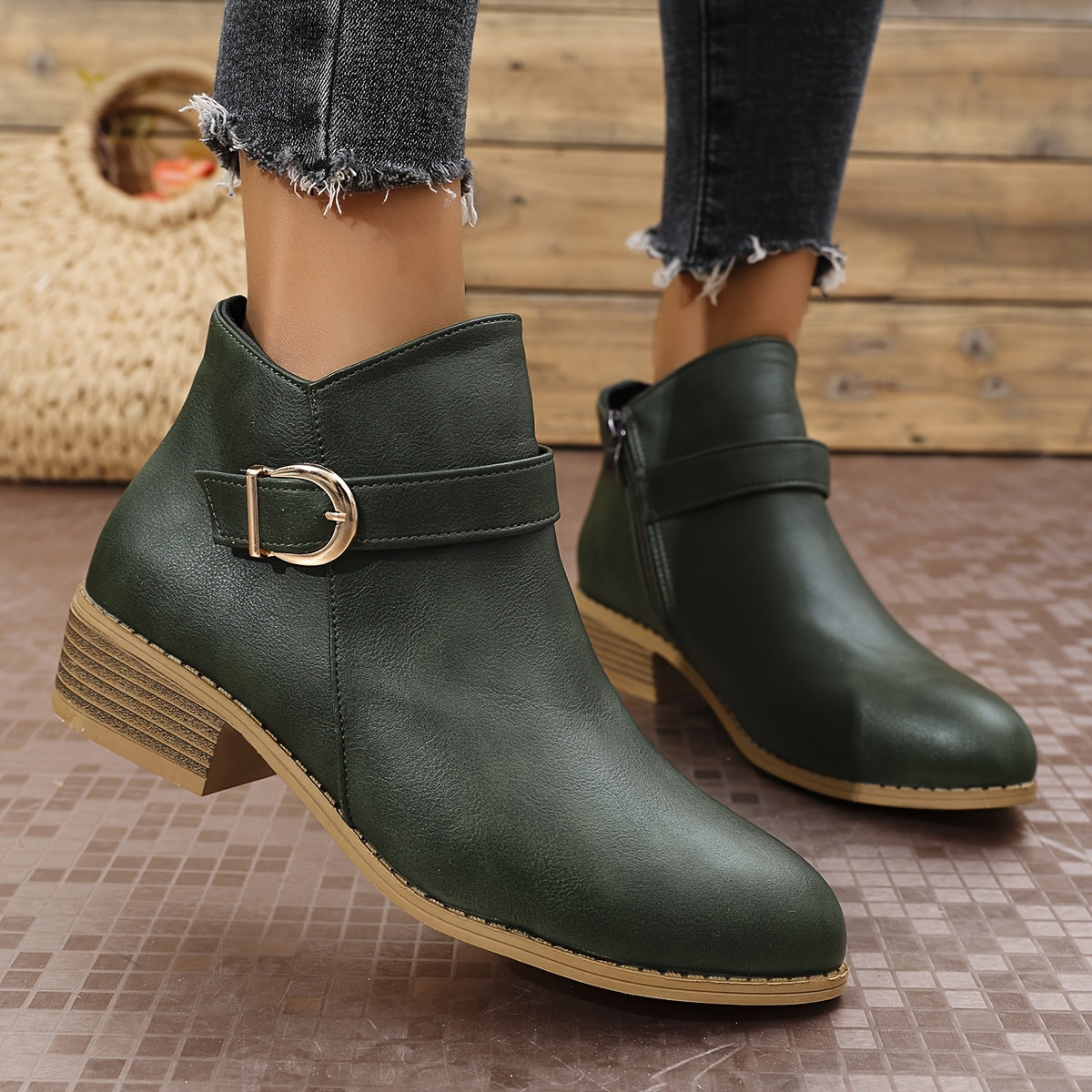 Women's Chelsea Ankle Boots with Wrap Around Buckle | Low Block Heel, Side Zip, Round Toe | Size 5.5-10.5