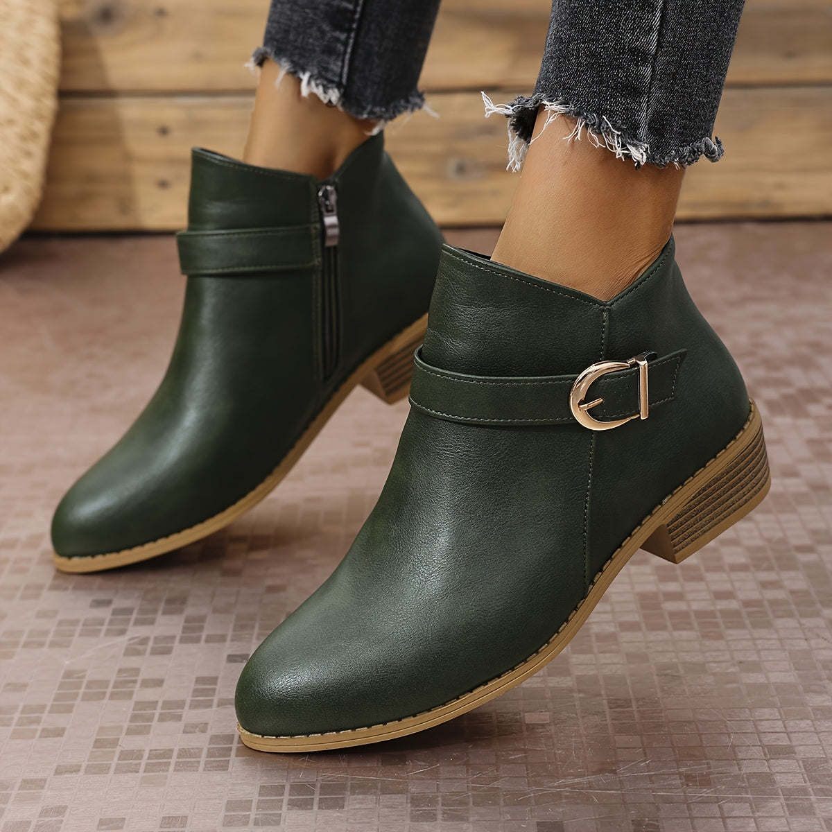 Women's Chelsea Ankle Boots with Wrap Around Buckle | Low Block Heel, Side Zip, Round Toe | Size 5.5-10.5