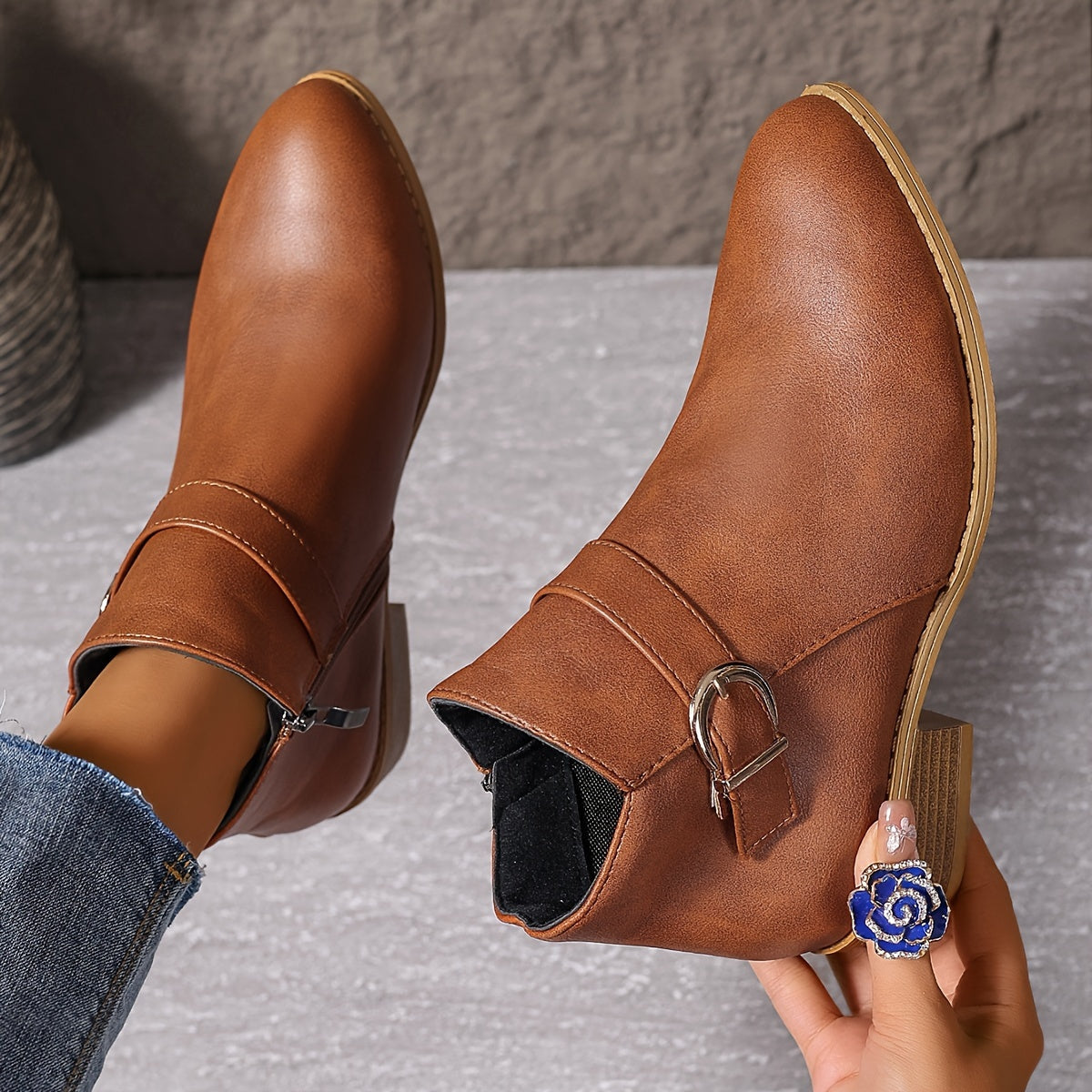 Women's Chelsea Ankle Boots with Wrap Around Buckle | Low Block Heel, Side Zip, Round Toe | Size 5.5-10.5