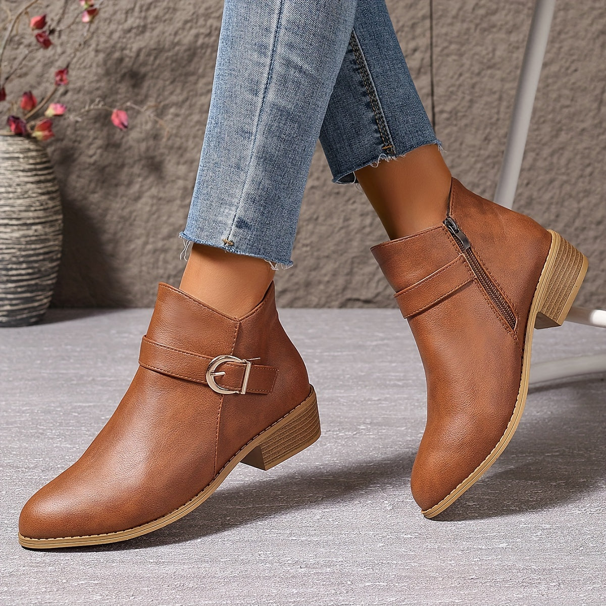 Women's Chelsea Ankle Boots with Wrap Around Buckle | Low Block Heel, Side Zip, Round Toe | Size 5.5-10.5
