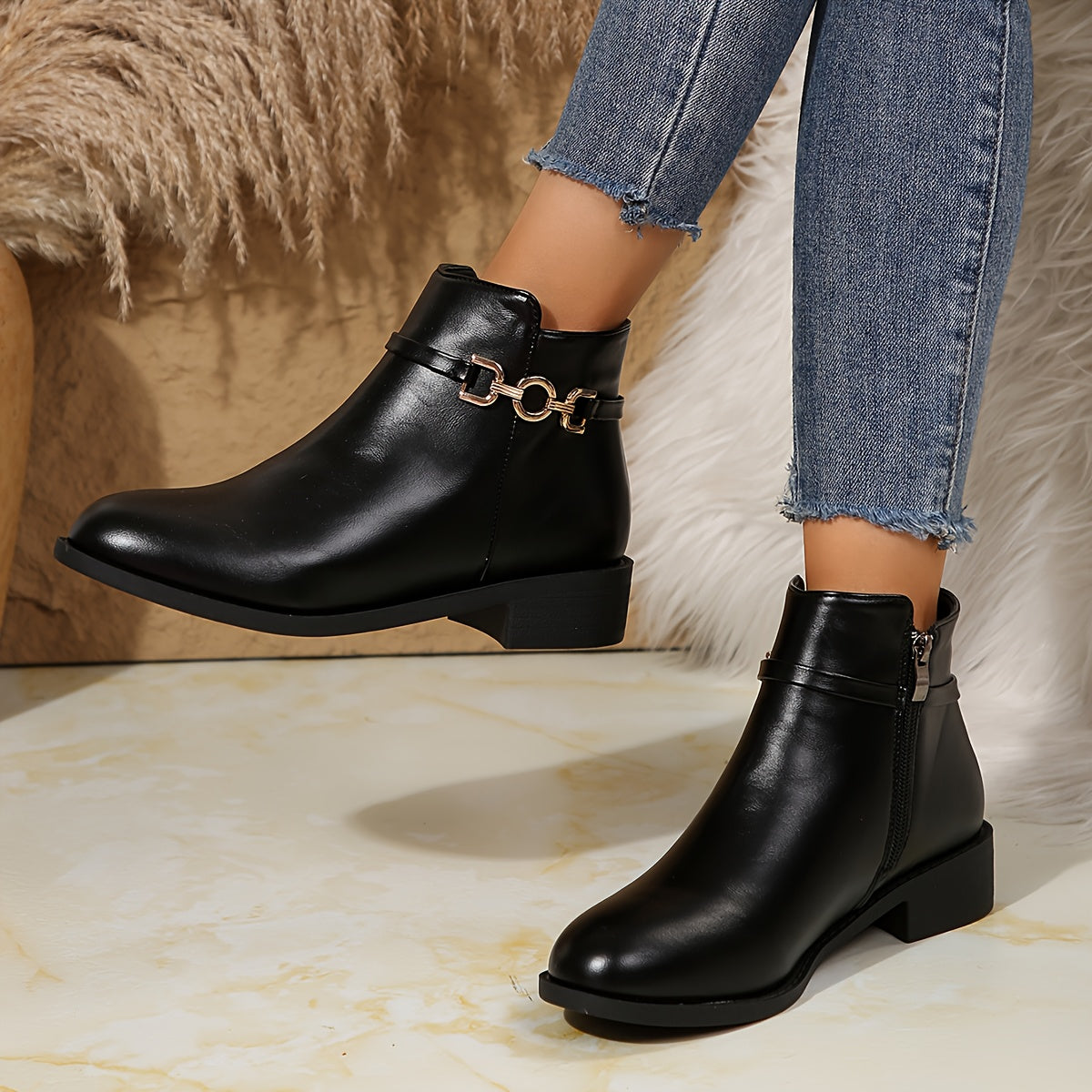 Women's Black Ankle Boots with a Gold Chain Strap | Side Zip Entry, Low Block Heel and a Round Toe | Size 5.5-10.5