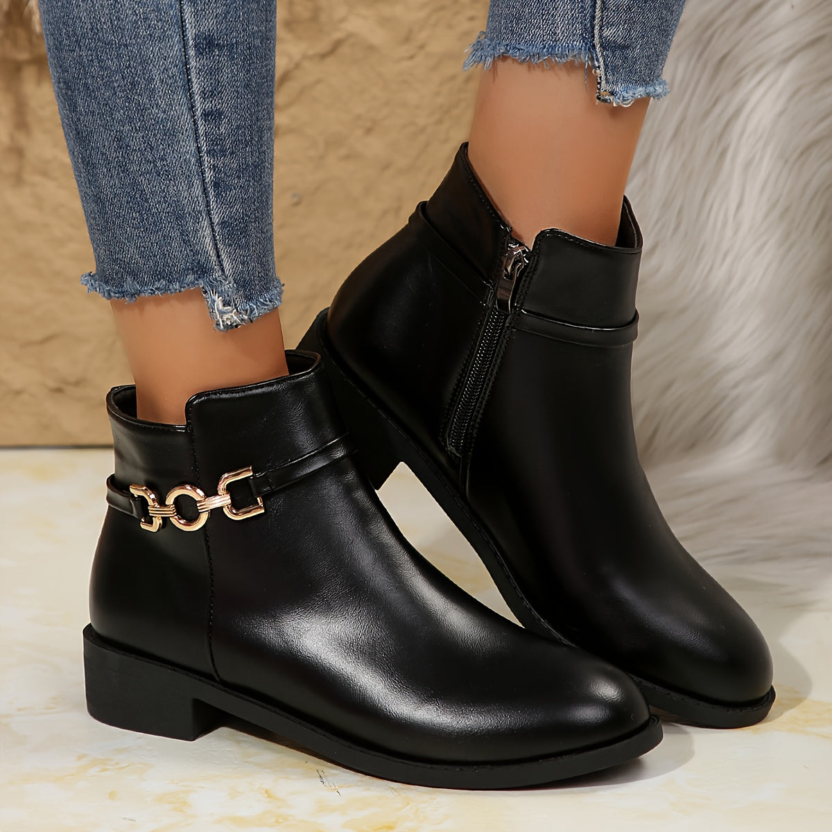 Women's Black Ankle Boots with a Gold Chain Strap | Side Zip Entry, Low Block Heel and a Round Toe | Size 5.5-10.5