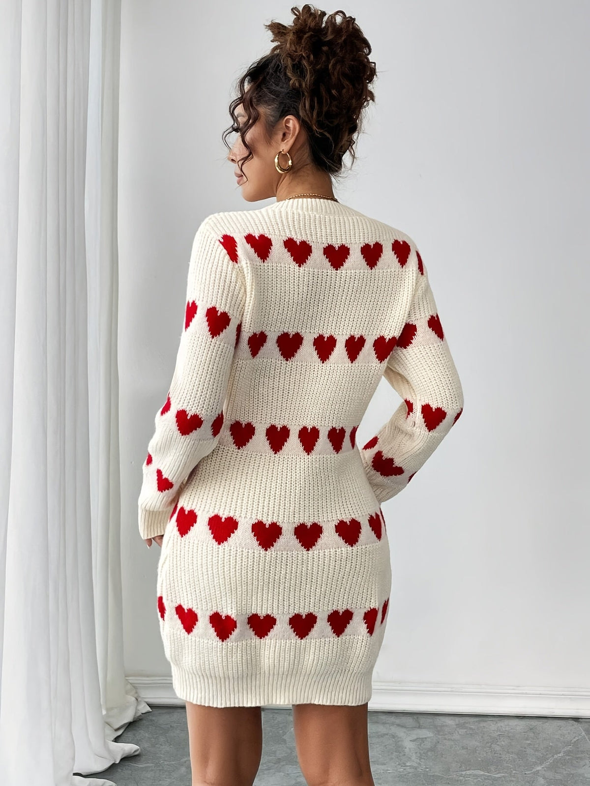 Women's Mini Sweater Dress with Red Heart Pattern | Round Neck, Long Sleeves, Acrylic Blend Knit | Sizes S-2XL in White