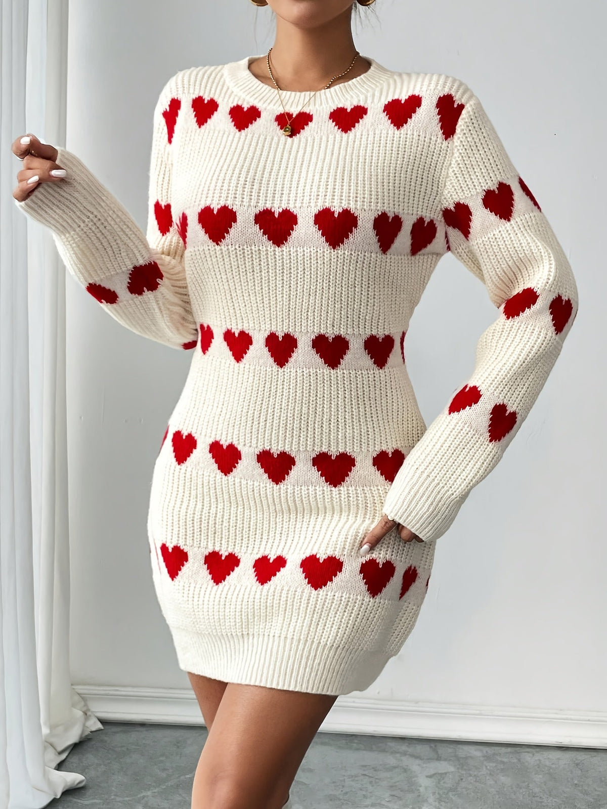 Women's Mini Sweater Dress with Red Heart Pattern | Round Neck, Long Sleeves, Acrylic Blend Knit | Sizes S-2XL in White