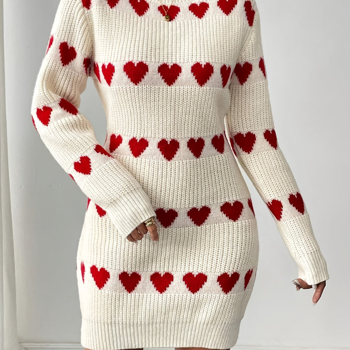 Women's Mini Sweater Dress with Red Heart Pattern | Round Neck, Long Sleeves, Acrylic Blend Knit | Sizes S-2XL in White