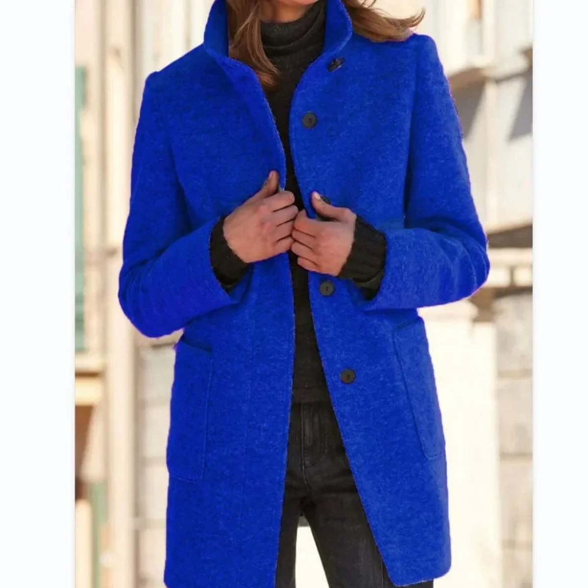 Women's Button Front Mid-Length Coat, High Collar, Long Sleeves