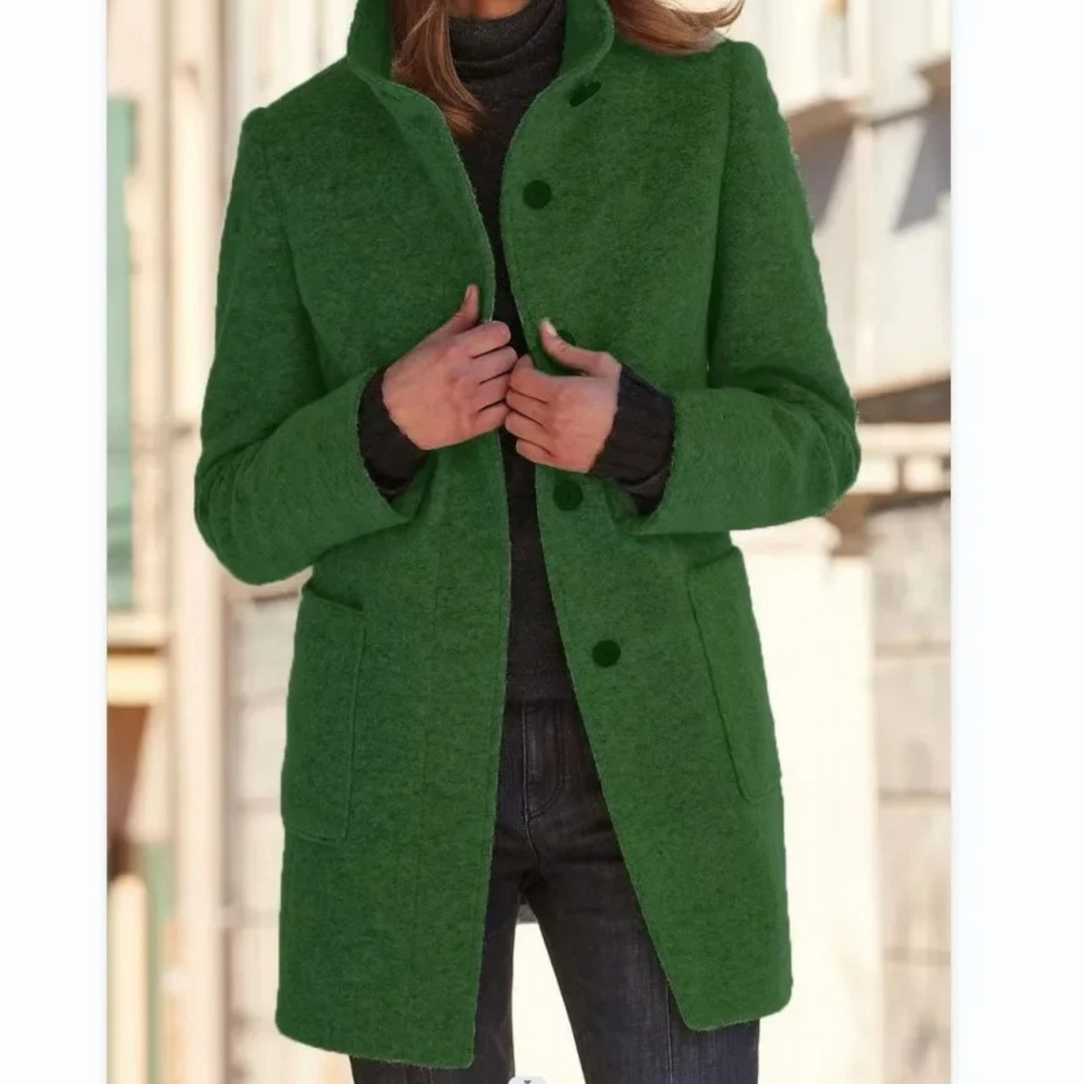 Women's Button Front Mid-Length Coat, High Collar, Long Sleeves