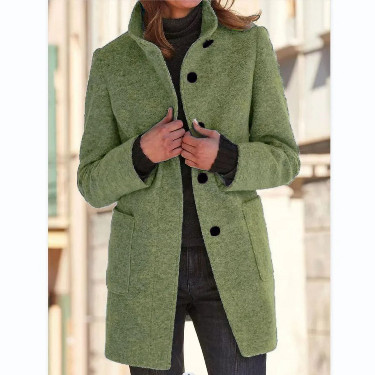 Women's Button Front Mid-Length Coat, High Collar, Long Sleeves