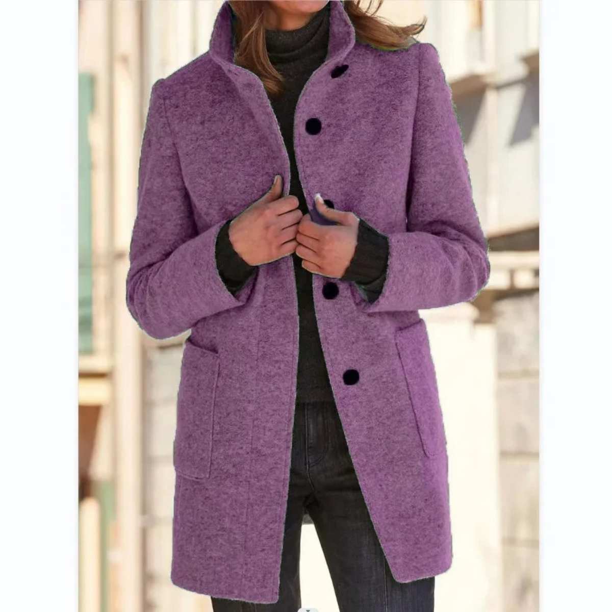 Women's Button Front Mid-Length Coat, High Collar, Long Sleeves