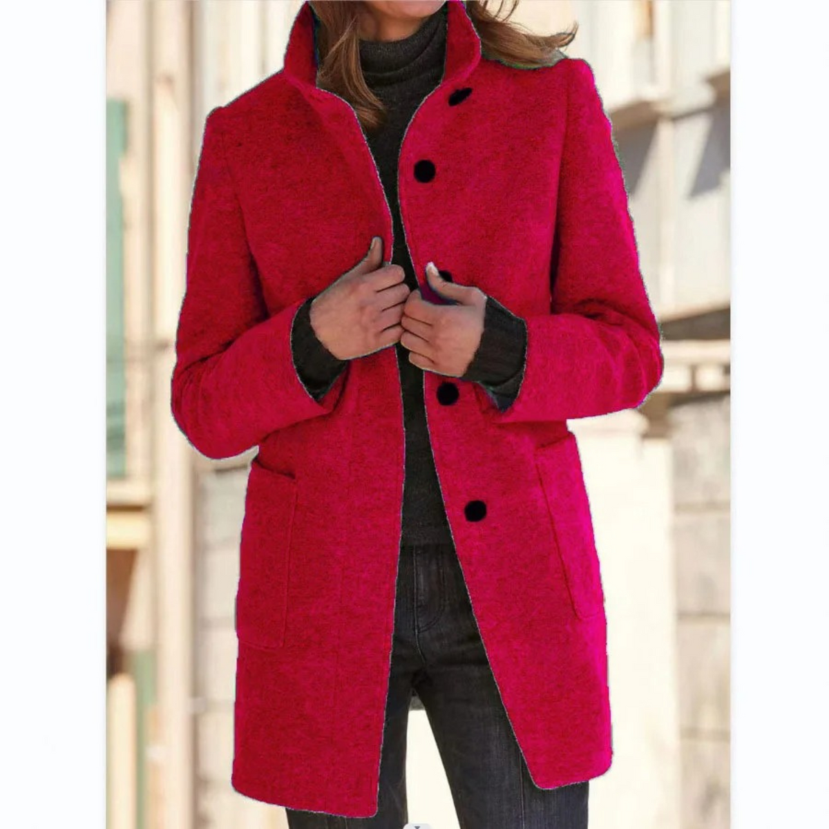 Women's Button Front Mid-Length Coat, High Collar, Long Sleeves