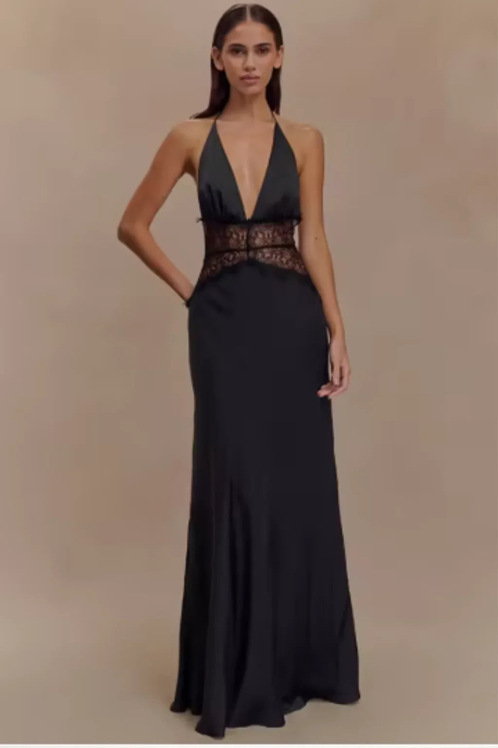 Lottie | Halter Neck Lace Formal Maxi Dress with Plunge