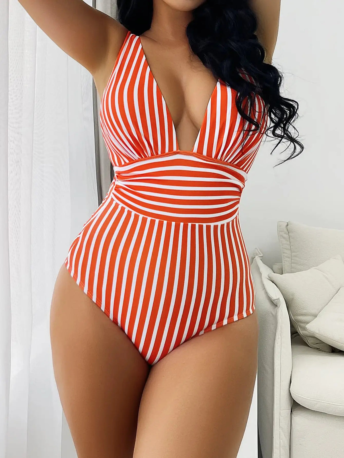 Lottie | Women's Halter Neck Vertical Stripe Plunge V-Neck Swimsuit with Ruched Detailing