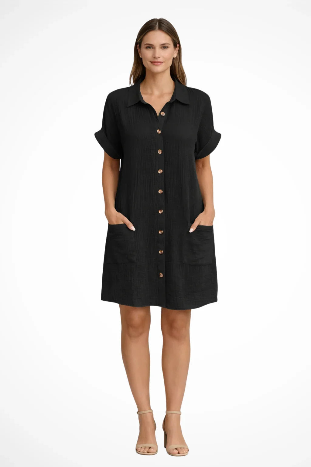 Lottie | Women's Shirt Button Front Casual Summer Mini Dress with Short Sleeves