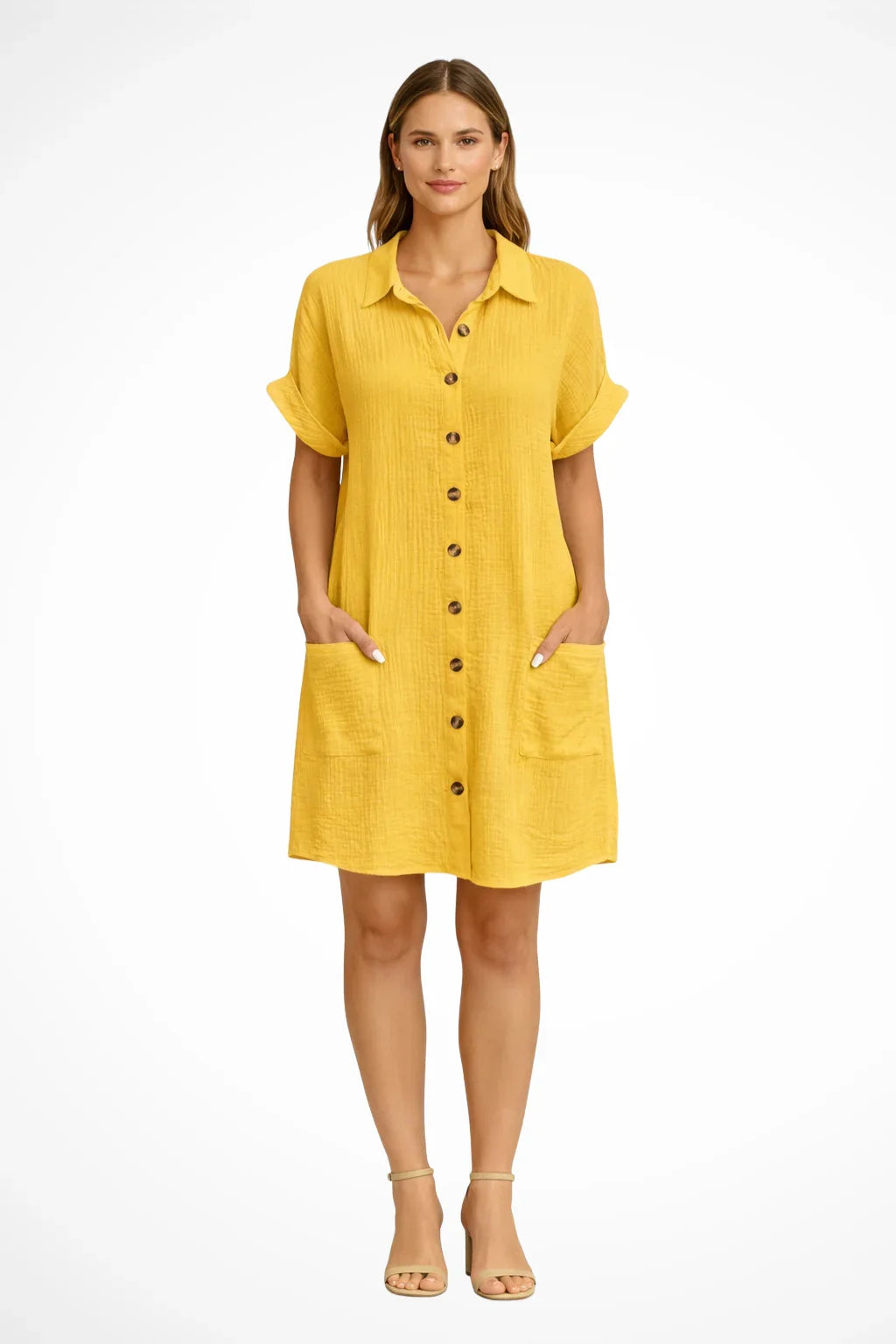 Lottie | Women's Shirt Button Front Casual Summer Mini Dress with Short Sleeves