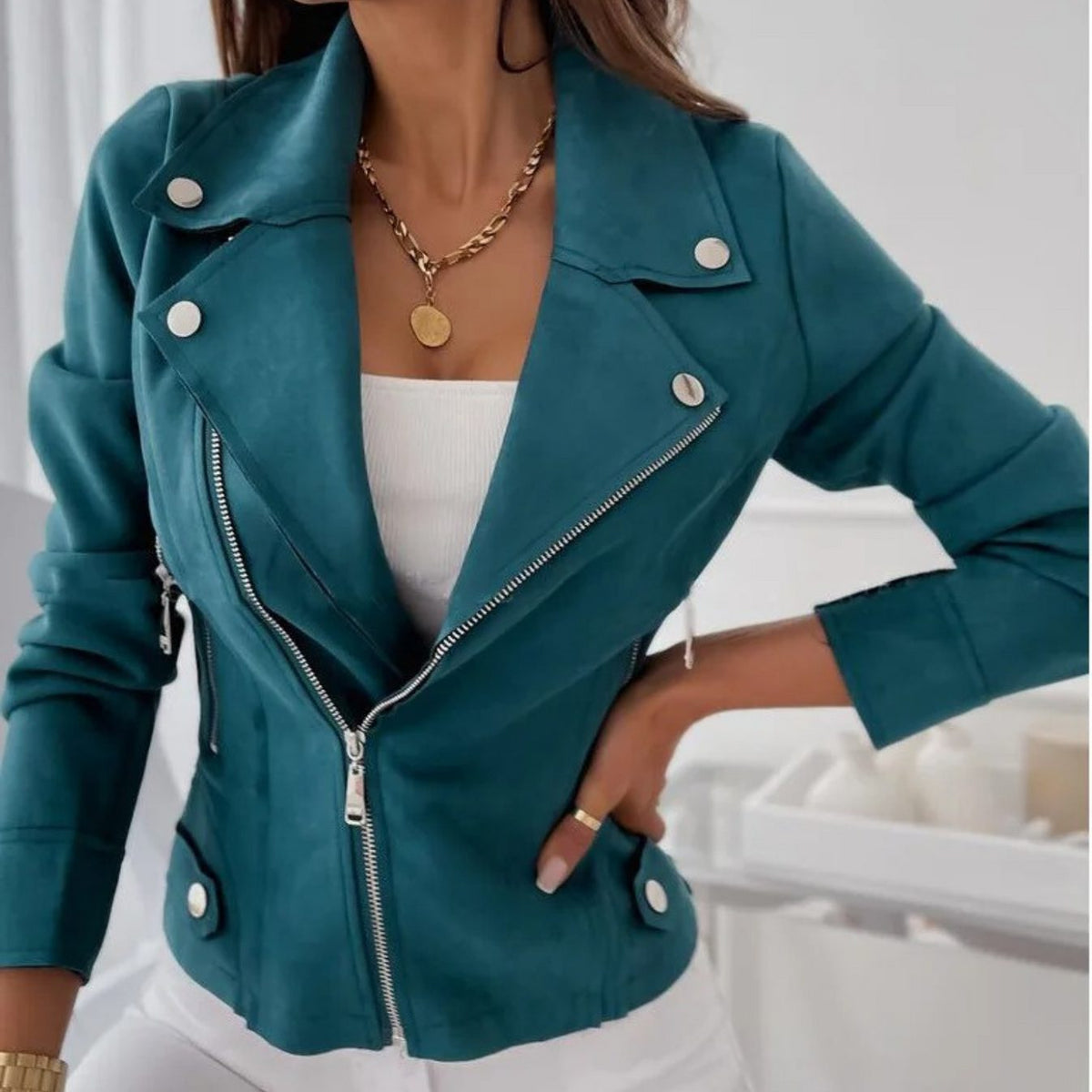 Luanna | Faux Suede Biker Jacket with Asymmetrical Zip for Women