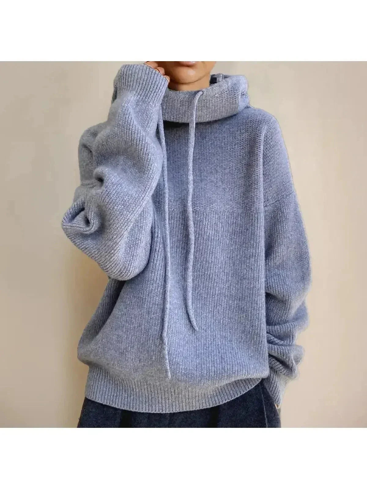 Women's Hooded Knit Sweater, Drawstring Neck, Ribbed Trims