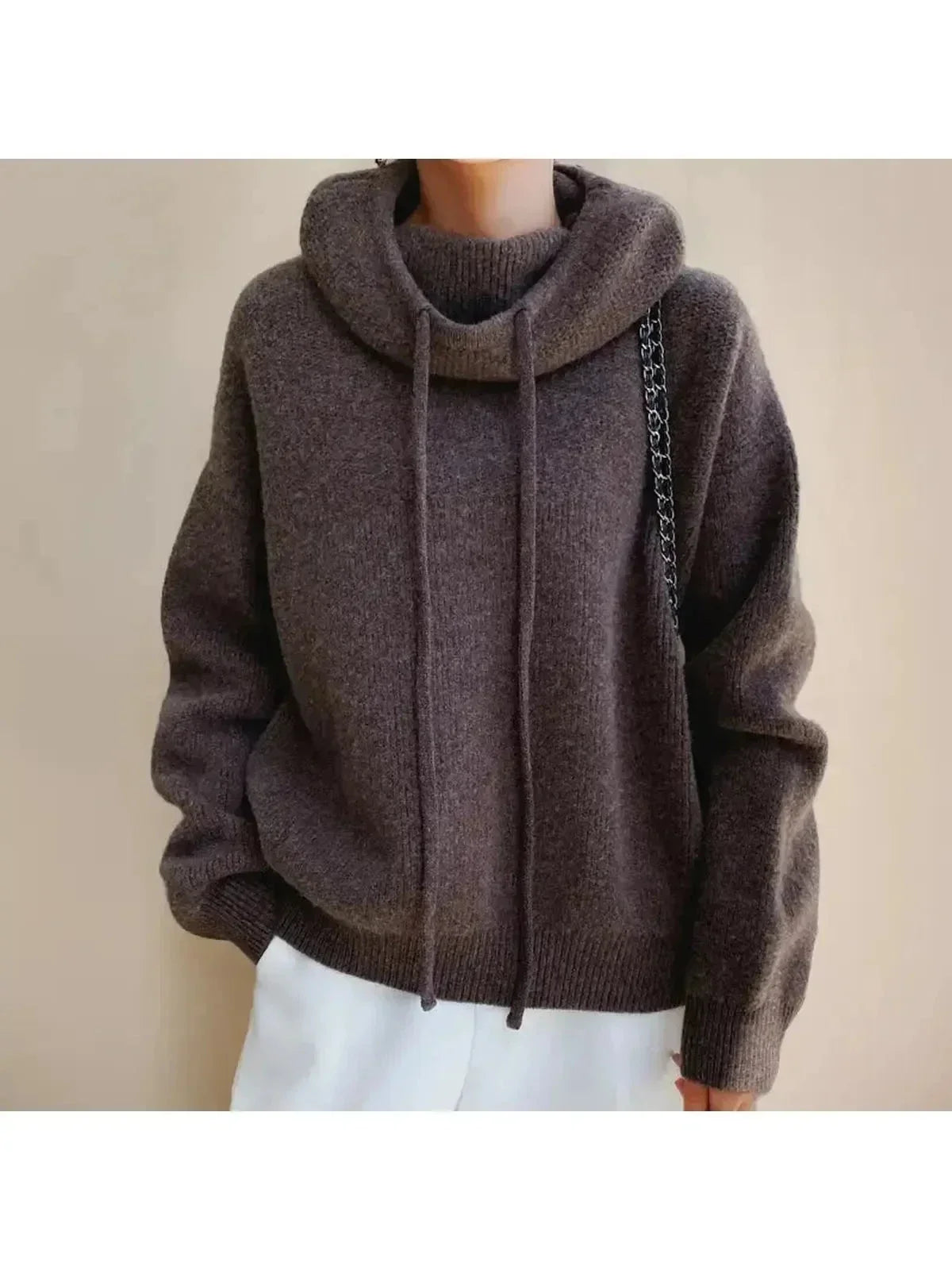 Women's Hooded Knit Sweater, Drawstring Neck, Ribbed Trims