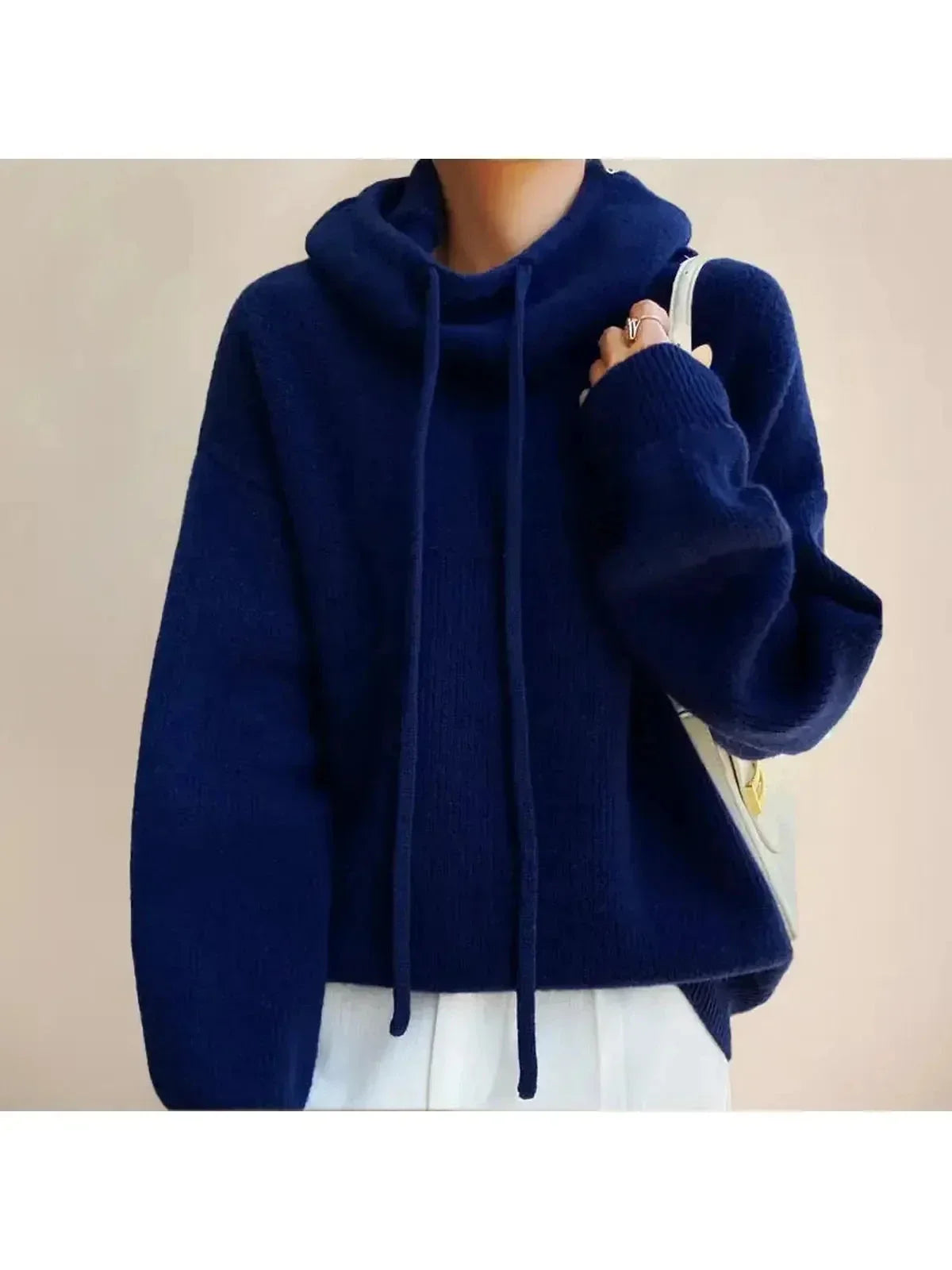 Women's Hooded Knit Sweater, Drawstring Neck, Ribbed Trims