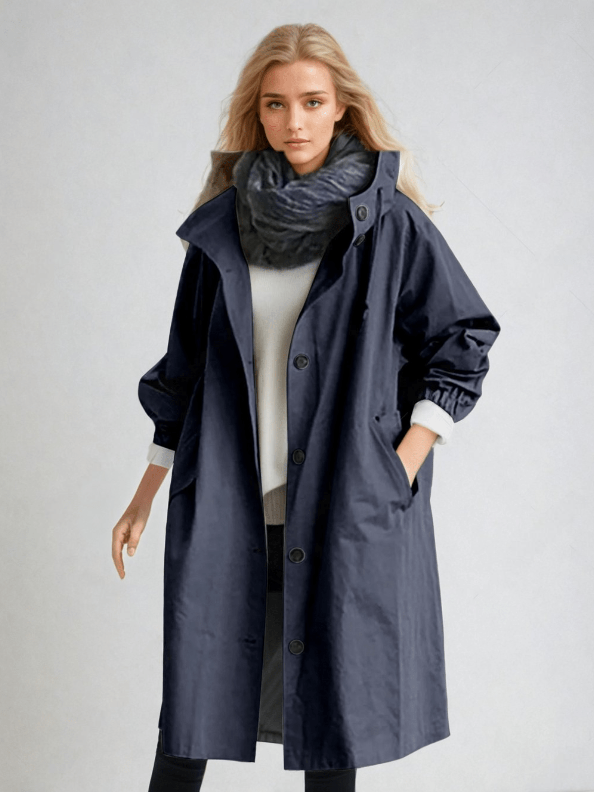 Women's Hooded Trench Coat, Longline, Button Front, Pockets
