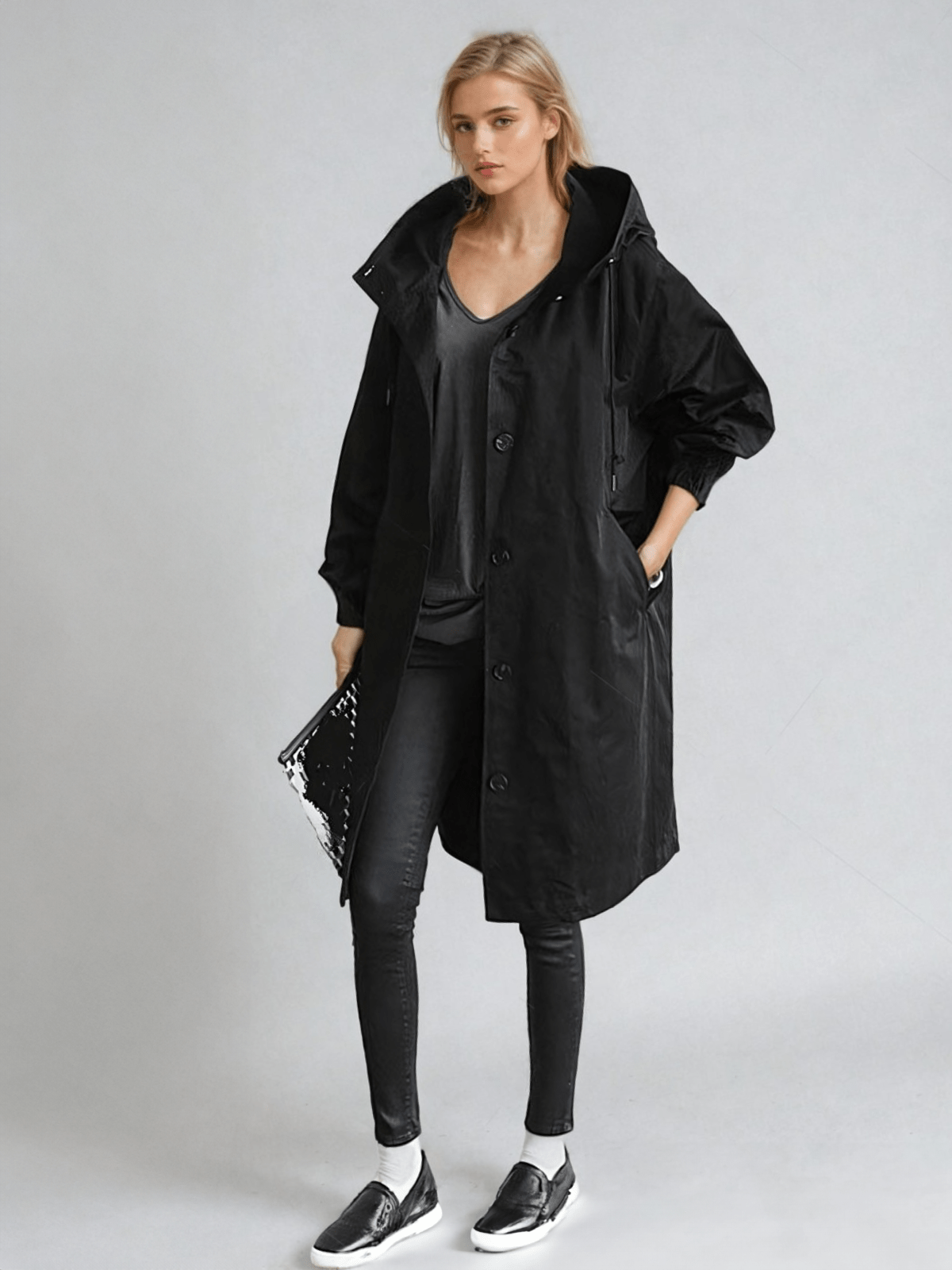 Women's Hooded Trench Coat, Longline, Button Front, Pockets