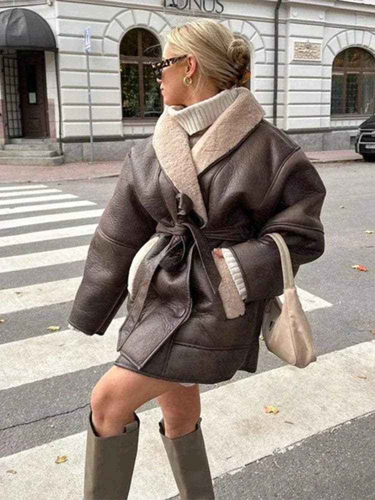 Women's Oversized Shearling-Trim Coat with Patch Pockets