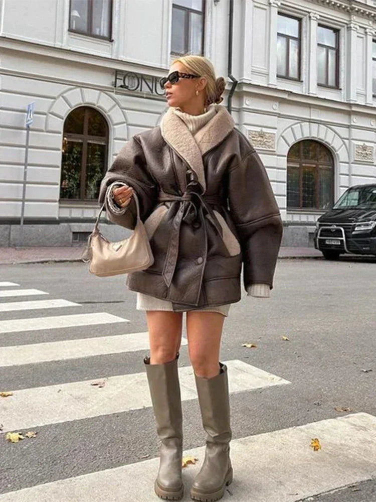 Women's Oversized Shearling-Trim Coat with Patch Pockets