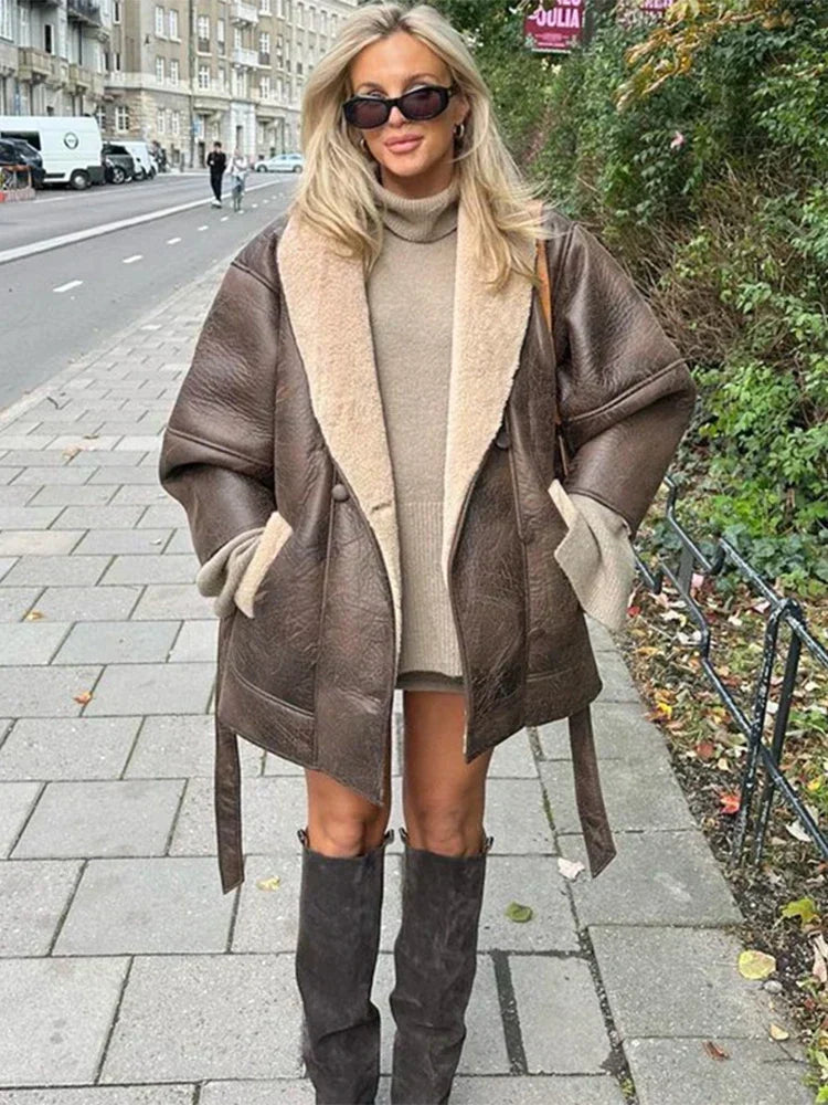 Women's Oversized Shearling-Trim Coat with Patch Pockets