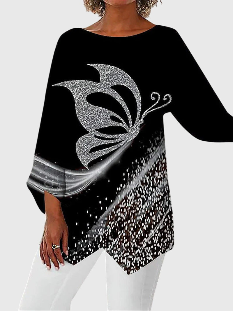 Women's Asymmetrical Print Top with a Butterfly Motif | Round Neck, Three-Quarter Sleeves | Size S-3XL, 6 Designs