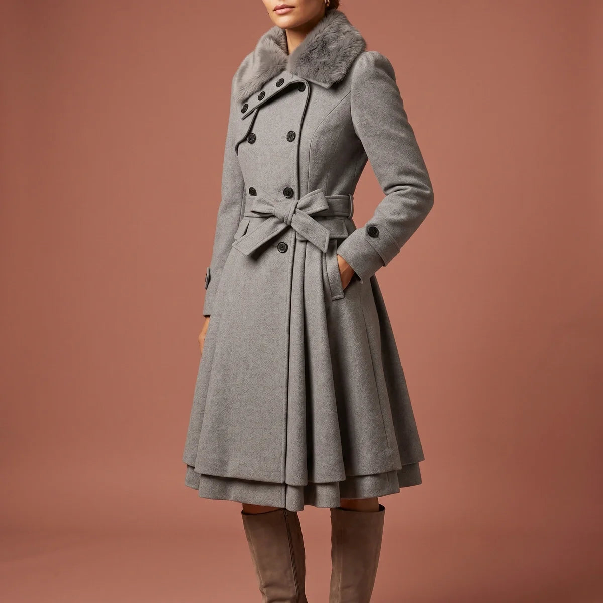 Lydia Belted Fit and Flare Wool Coat