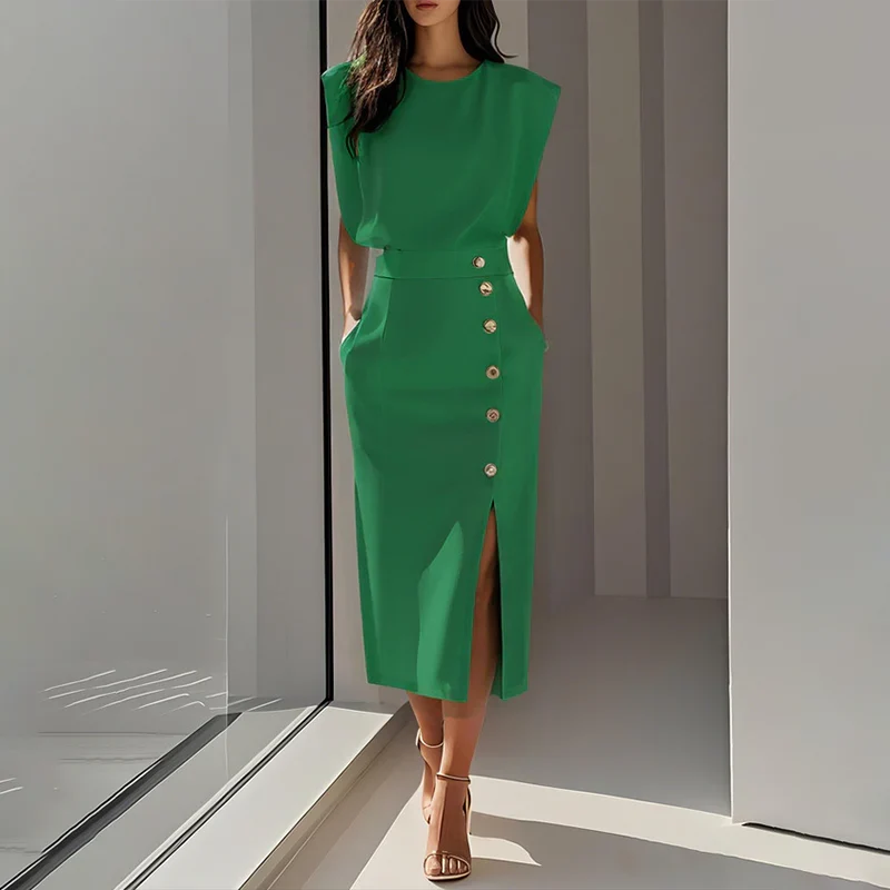 Lynda | Women's Button Front Midi Skirt Set with Cap Sleeves