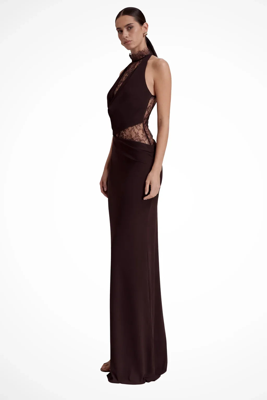 Lynda | Women's Halter Neck Formal Maxi Dress with Sheer Lace Panels