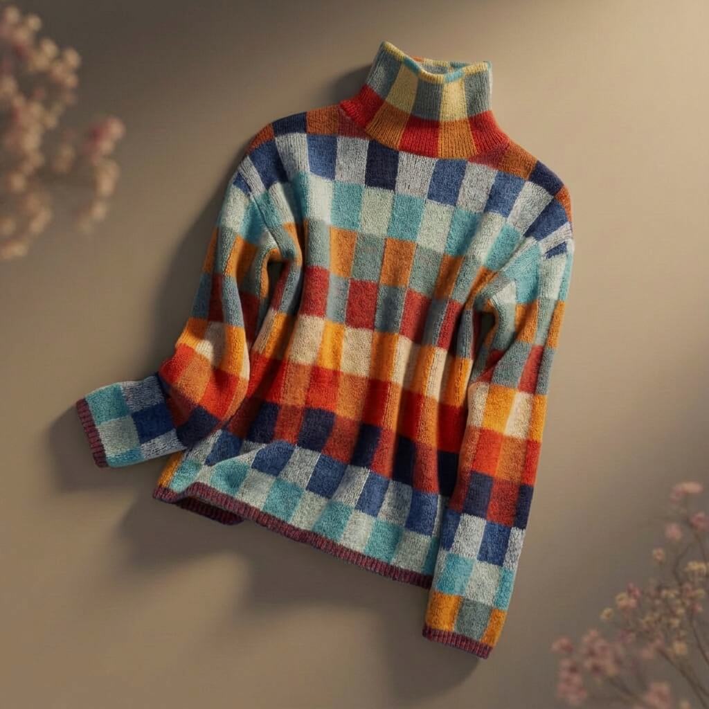 Summer | Womens Checkered Merino Wool Blend Sweater | Bold Contrast Check Pattern, Machine Washable | Multicolor XS-XL