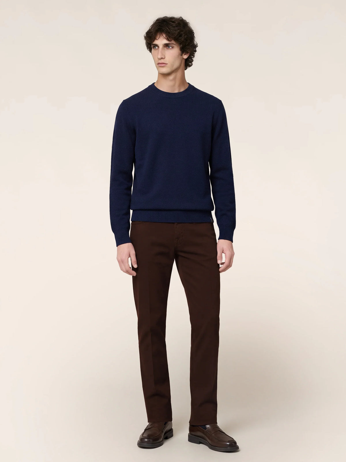 Men's Navy Crew Neck Sweater, Long Sleeves, Ribbed Trims
