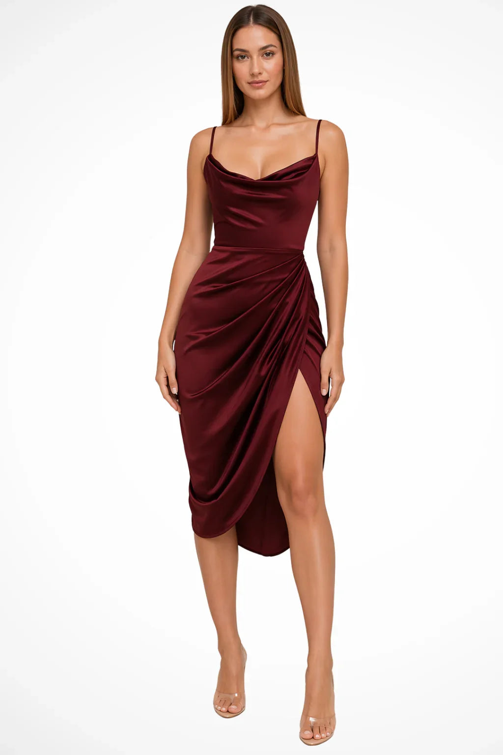 Mabel | Women's Cowl Neck Strappy Formal Evening Midi Dress