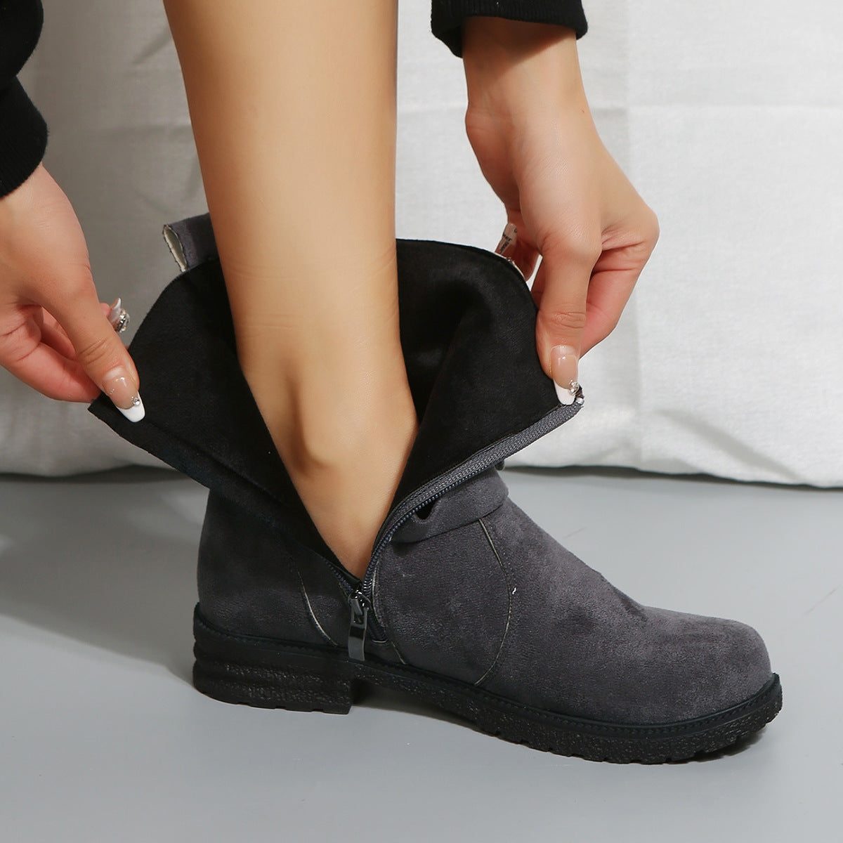 Mae | Suede Low Heel Ankle Boots with Side Zip for Women