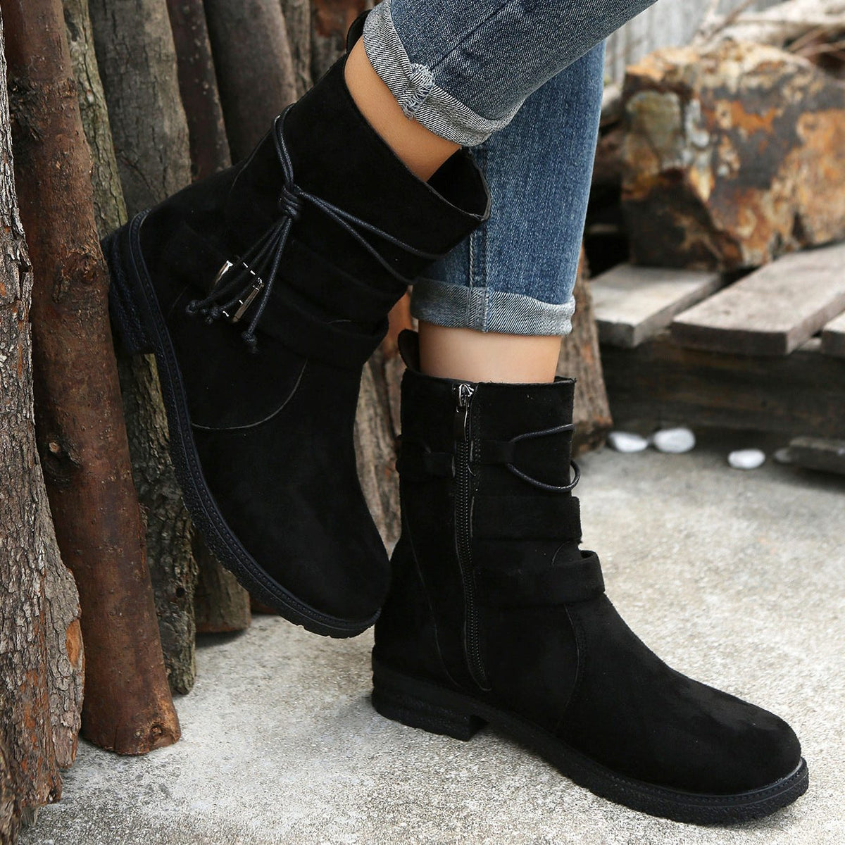 Mae | Suede Low Heel Ankle Boots with Side Zip for Women