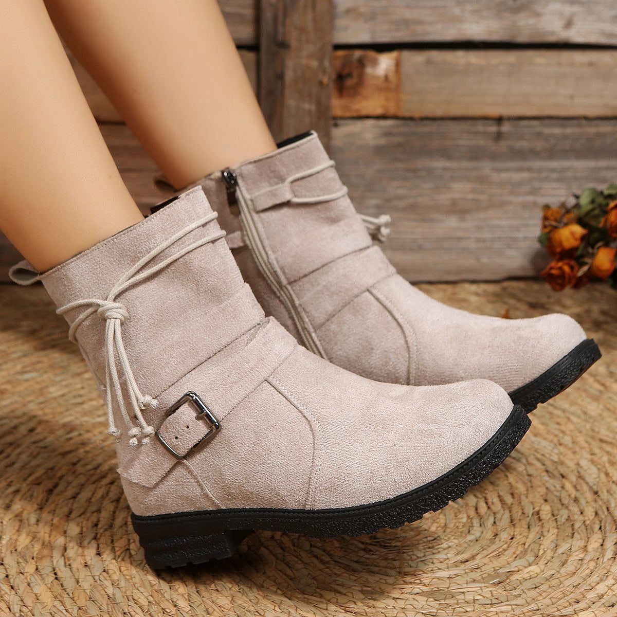 Mae | Suede Low Heel Ankle Boots with Side Zip for Women