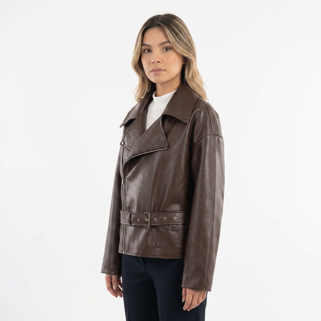Cropped 3D-Texture Leather-Like Jacket